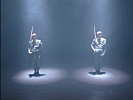 Zwei Gardisten zeigen ihr Showprogramm im Scheinwerferlicht.