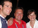 Im Österreicher-Haus: Doppel-Silber-Schwimmer Markus Rogan, Günther Platter und Susanne Riess-Passer.  