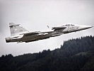 Ein "Gripen" zieht vor einem bewaldeten Hang in die Höhe. (Bild öffnet sich in einem neuen Fenster)