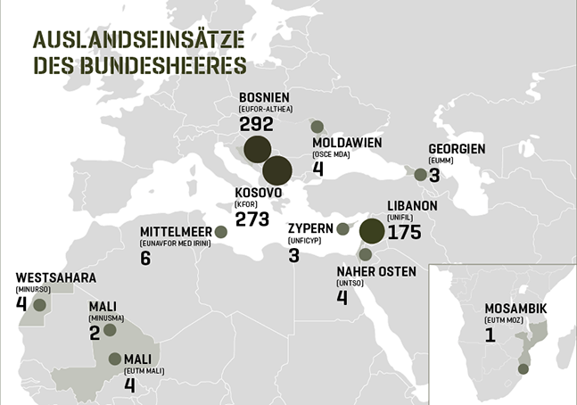 Karte mit den Auslandseinsätzen des Bundesheeres