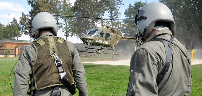 A helicopter touches down.