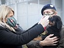 Klaudia Tanner mit einem Militärhundewelpen. (Bild öffnet sich in einem neuen Fenster)