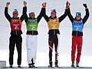 Die erfolgreichen Nordischen Kombinierer jubeln in Sotschi.