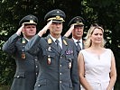 Militärkommandant Brigadier Gernot Gasser, Landesrätin Daniela Winkler, Oberstleutnant Markus Ziegler und Oberst Franz Neuhold bei der Flaggenparade.