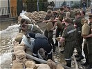 In Dürnkrut kämpfen die Einsatzkräfte gemeinsam gegen das Wasser.