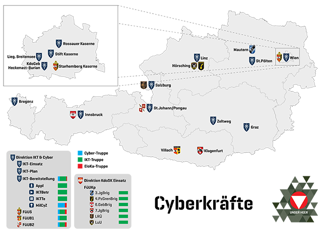 Grafische Übersicht: Hier sind die Cyber-Truppen des Bundesheeres stationiert.